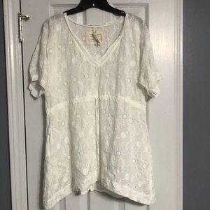 Vintage Johnny Was Sheer Floral Tie-Waist Eyelet 100% Silk Blouse in Cream Small